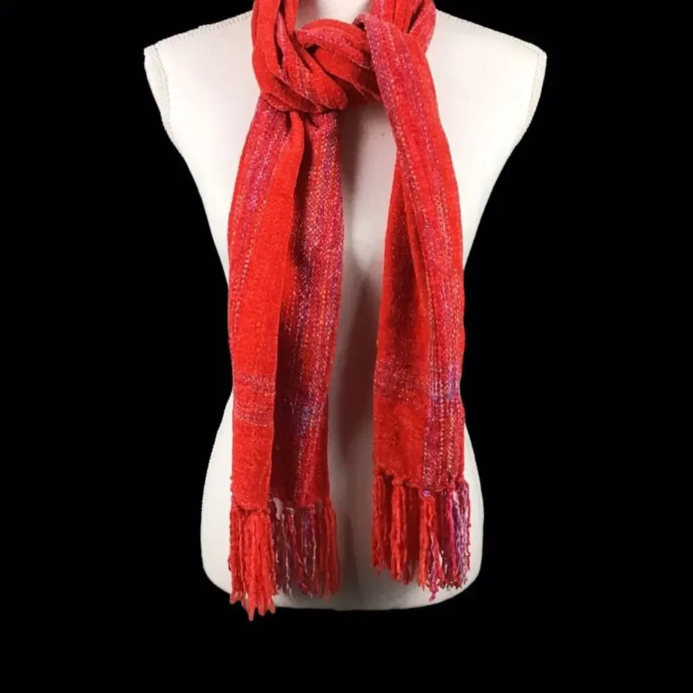 Collection 18 Pink Red Chenille Stripe Muffler Scarf Fringe NWT
